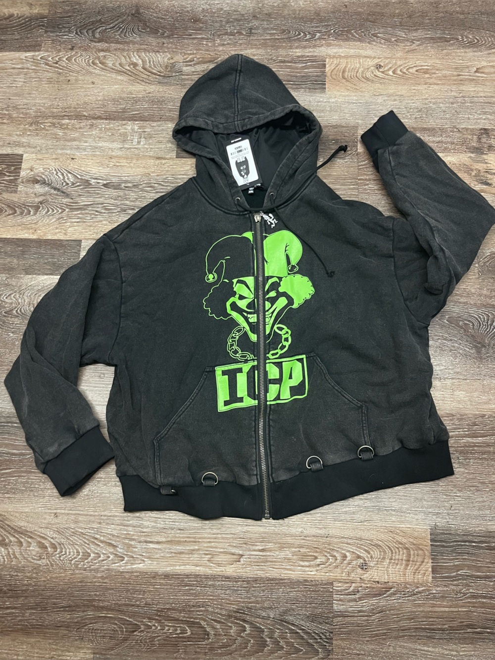 BNWT!! Insane Clown Posse Distressed Black & Neon Green Zip Hoodie Jacket